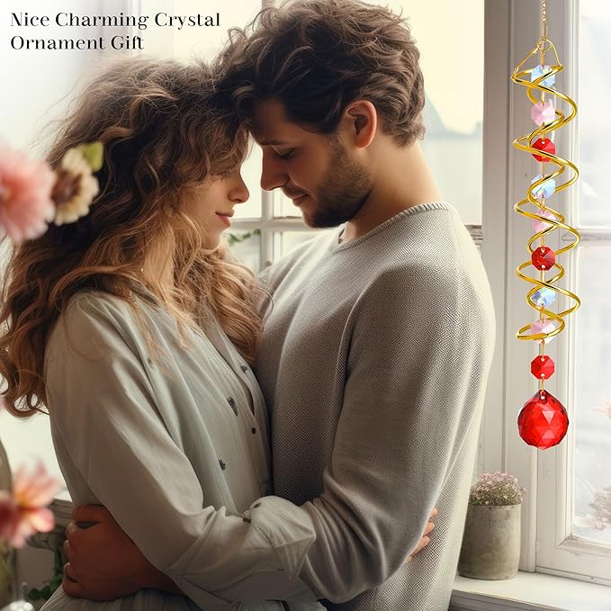 H&D HYALINE & DORA 17.7in Crystal Suncatcher Gazing Ball Spiral Tail,Wind Spinner Sun Catcher with Octagonal Beads,Sun Catchers Window Hanging for Outdoor Garden Decor