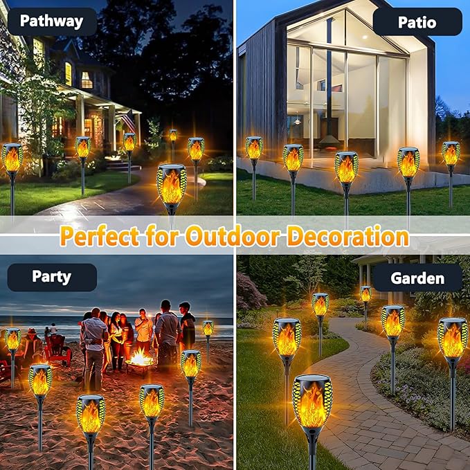 SANJICHA 4 Pack Super Larger Size Solar Flame Torch Extra Bright Tiki Lights Outdoor Decorative with Flickering Flame, Solar Outdoor Lights Waterproof Lamps for Outdoor use Garden Pathway Yard