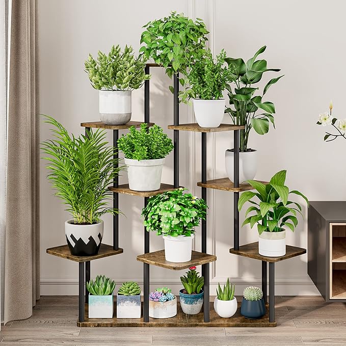 AZERPIAN Plant Stand 9 Tier Indoor Metal Flower Shelf for Multiple Plants Corner Tall Flower Holders for Patio Garden Living Room Balcony Bedroom, Black+Rustic Brown