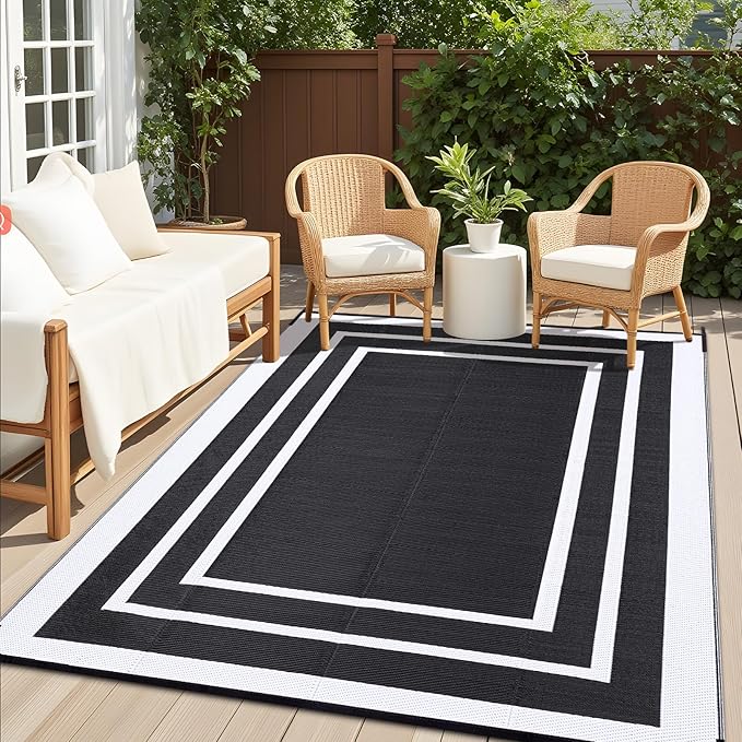 OLANLY Outdoor Rug 8x10 ft Waterproof, Reversible Outdoor Plastic Straw Rug, RV Mat, Indoor Outdoor Carpet Clearance for Patio, Camping, Balcony, Deck, Backyard, Black & White