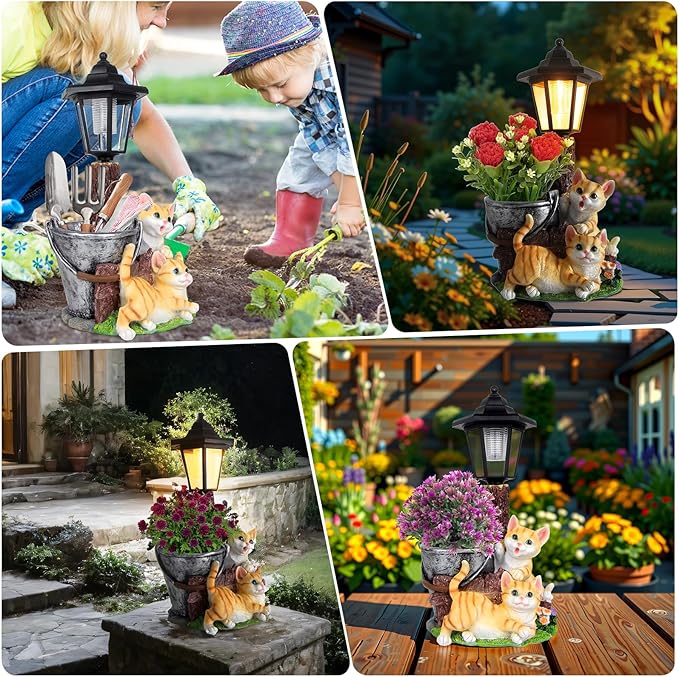 Solar Cat Outdoor Statues, Garden Sculptures with Flowerpot Decor & Solar Lantern for Yard Art Lawn Ornaments Porch Patio Balcony - Idea Gifts for Women Mom Grandma