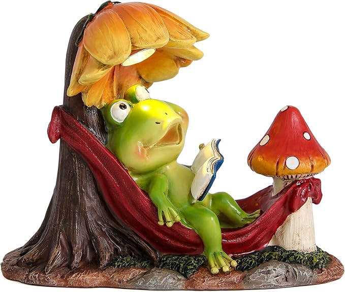 Leekung Solar Frog Garden Decor,Frog Statue with Solar Light for Outdoor Decorations,Reading Frog Figurine Garden Statues for Outside,Patio, Balcony, Yard, Lawn,Spring Decor Gifts for Women