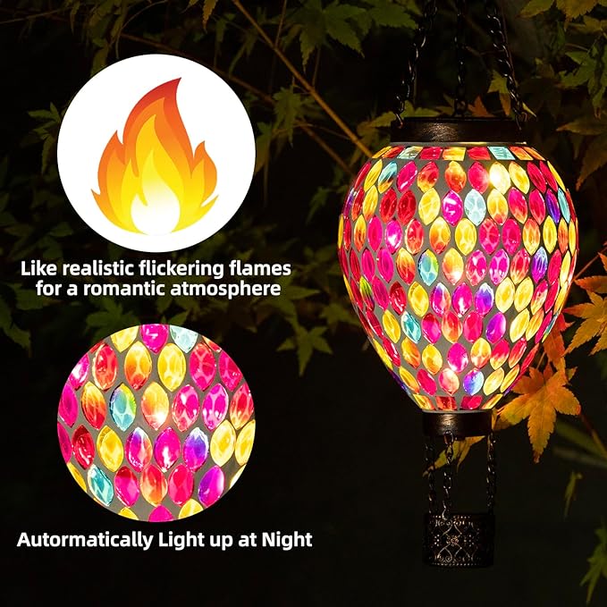VOREEN Hot Air Balloon Solar Lantern, Mosaic Solar Outdoor Hanging Wind Light, Waterproof, Patio Festive Decor, Easter Gifts for Mom Father Grandma, Red