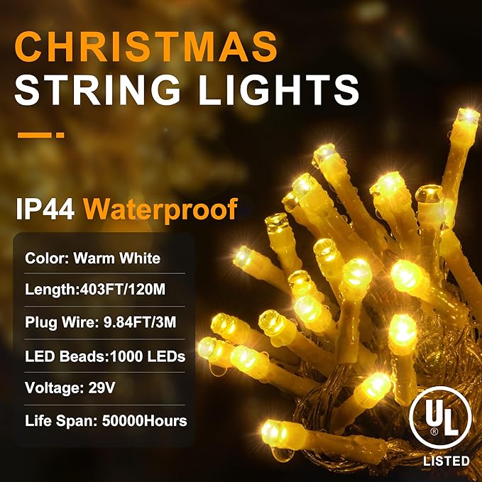 KNONEW 403ft 1000 LED Christmas String Lights Outdoor 8 Modes & Timer Fairy Light Plug in Waterproof LED Wedding Lights for Xmas Yard Tree Party Holiday Decorations (Warm White)