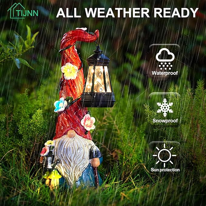 Solar Garden Statue Gnomes Figurine Lights, Dwarf Gardener with Long Hat Hanging Lantern, Outdoor Yard Decorations for Patio Porch Home, Garden Gifts for Women Mum