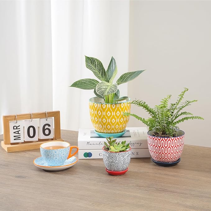 Selamica Ceramic Plant Pots, Indoor Flower Pots for Indoor Plants, 3.5+4.6+5.5 Planters with Drainage Hole & Saucer, Set of 3, Home Decor, Assorted Colors
