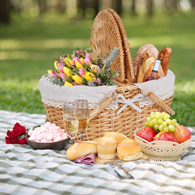 Happypicnic Wicker Picnic Basket with Handle, 15" Large Empty Picnic Basket with Lid & Removable Liner, Vintage Hand Woven Basket for Picnics, Camping, Veg Picking, Mother'S Day, Thanksgiving (Flower)