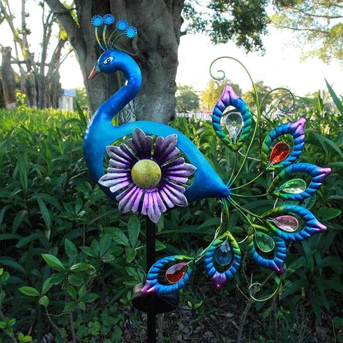 Solar Peacock Statue, Garden Metal Stake Lights Yard Decorations Outdoor,Perfect Peacock Gifts for Women, Ornaments,Mothers Day Ideal Gifts（Solar Peacock Flower ）