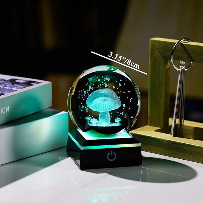 Qianwei 3D Crystal Ball Night Light - 3.14'' Mushroom Decor Glass Plants Lamp Figurines Statue for Room Decoration