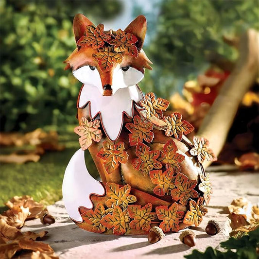 Elenon Outdoor Metal Fox Statue Art Decoration, Garden Handcrafted Standing Fox Ornament Decor with Fall Leaves, Mid Century Fox Figurine Decor for Patios, Lawns, Flower Bed