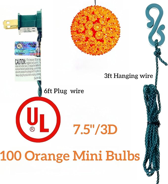7.5" Orange Sphere Light, Commercial Grade and UL Certified 100 Lit Orange Hanging Sphere, for Indoor and Outdoor Christmas, Easter, Porch, Patio.