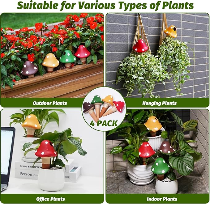 Terracotta Self Watering Spikes, 4 Pack Mushroom Self Watering Planter Insert, Vacation Plant Slow Release Watering Devices for Indoor Outdoor Plants, Colorful Large Water Globes