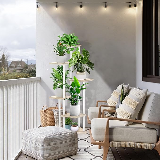 6 Tier Wood Tall Plant Stand Metal Rack Indoor, Multiple Flower Pot Holder Shelves Corner Rack, Planter Shelf Display Rack Storage Organizer for Patio Living Room Balcony Garden(White Oak)