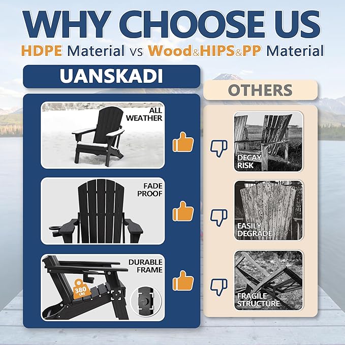 Folding Adirondack Chair Set of 3 with Cup Holder, HDPE All Weather Resistant Plastic Outdoor Patio Chairs, Heavy Duty Fire Pit Seating for Backyard Lawn Garden, Wooden Textured Design(Black)