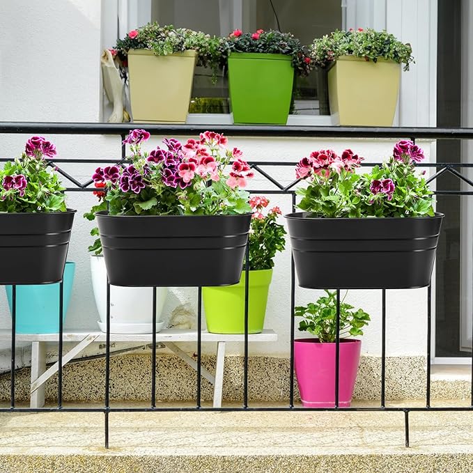 Foraineam 6 Pack Hanging Flower Pots, Metal Iron Hanging Planter Plant Pot Holders for Railing Fence Balcony, Black Hanging Bucket Pots Outdoor Porch Decors with Detachable Hooks and Drain Holes