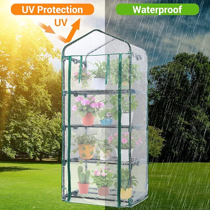 Mini Greenhouse for Outdoors Indoor: Ohuhu Small Green House with 4 Tier Shelves, Portable Plastic Greenhouses with Heavy Duty Transparent PVC Cover for Winter Garden Patio Backyard Porch Balcony