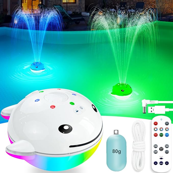 Floating Pool Fountain with Remote, Whale Pool Fountain with Lights, Rechargeable Pool Water Fountain, Above Ground Pool Fountain Waterfall, Swimming Pool Fountains for Inground Pool-1PC