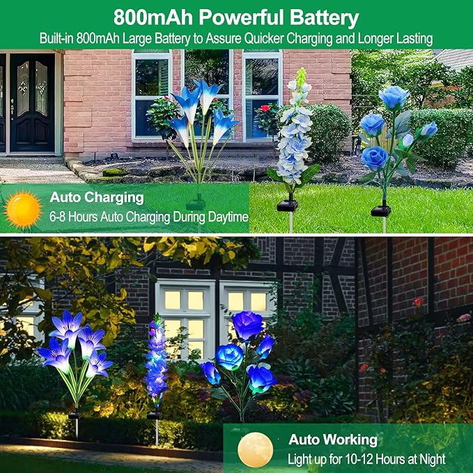 Solar Garden Lights Waterproof, 3 Pack Solar Flowers Lights Includes Lily Rose Delphinium,Gardening Gifts for Mom Grandma Women ,7-Color Changing Outdoor Decor Solar Lights for Garden Yard Patio Lawn