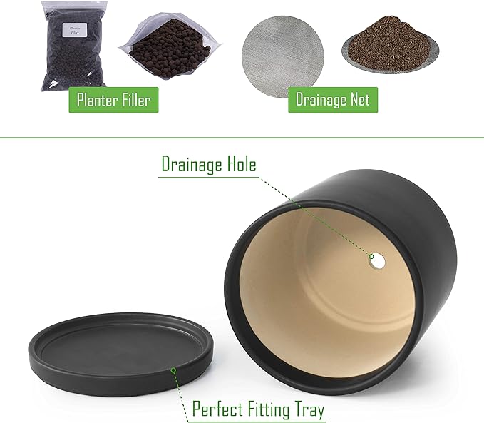 D'vine Dev 10 Inch Ceramic Planter Pot with Drainage Hole and Saucer, Indoor Cylinder Round Planter Pot, Black, 94-O-E-2