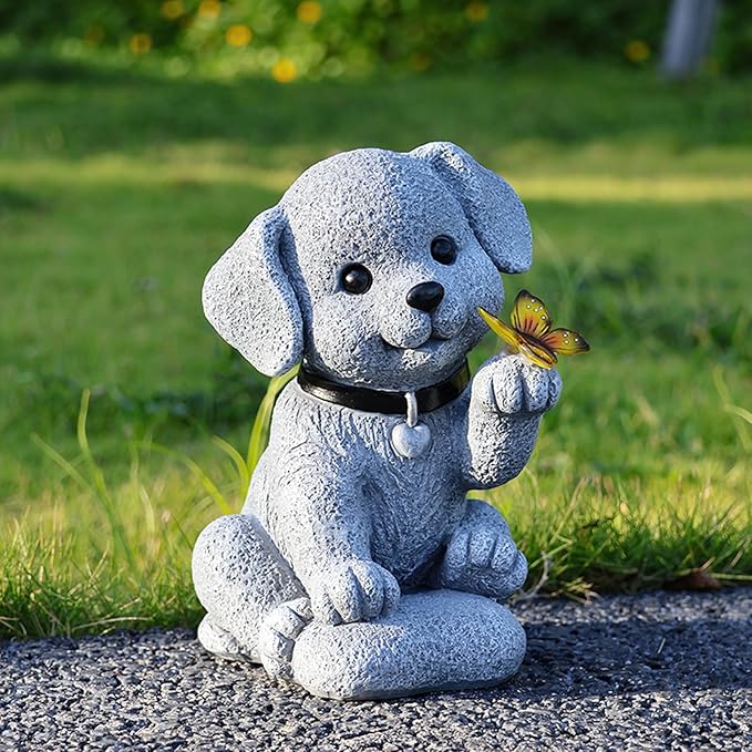 Solar Dog Outdoor Statues Garden Decor with Butterfly LED Lights Dog Statues for Patio Balcony Yard Lawn Ornament, Birthday Mother Day Gardening Gifts for Mom Grandma Women