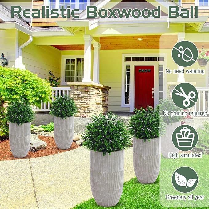 Yunlly 10 Pcs 18 Inch Artificial Boxwood Ball Topiary Tree Fake Outdoor Plants Bush, UV Resistance Faux Shrubs with Spike Realistic Greenery Potted for Indoor Garden Yard Porch Patio Decor (Green)