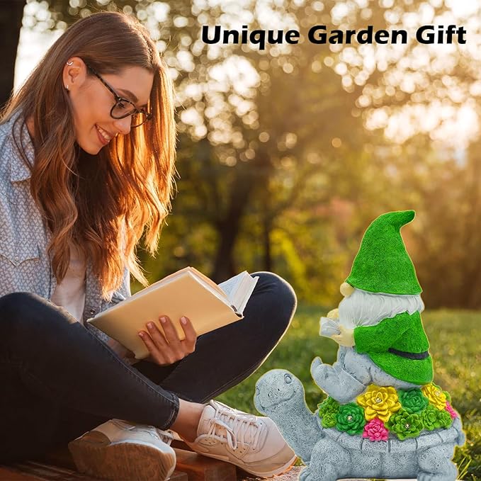 Solar Garden Outdoor Statues Turtle Gnome Outdoor Figurine Lights with Gnome Reading Book Garden Accessories Tortoise Statue Lawn Decor for Patio Balcony Yard Ornament Art Housewarming Gifts