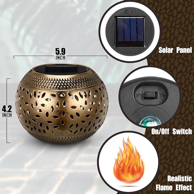 Reginary 2 Pcs Solar Table Lantern Outdoor Waterproof Dancing Flashing Flame 7 Color 2 Modes Metal Tabletop Light Desktop Decorative Lamp Auto On/Off Lighting for Patio Garden Pathway Yard (Bronze)