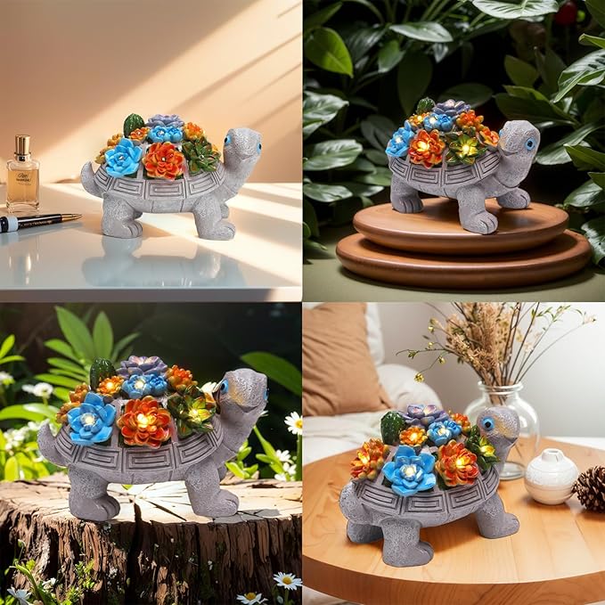 Solar Garden Turtle Statues 7 LED Lights Outdoor Decor Turtle with Succulent Resin Sculpture Patio Porch Balcony Yard Lawn Art Decor Birthday Gifts for Women Mom Grandma Housewarming Gifts