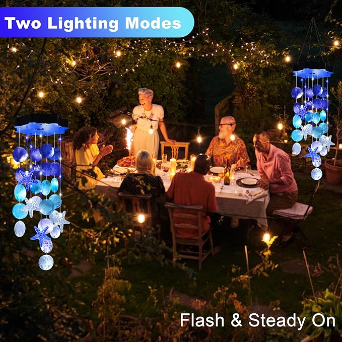 Solar Wind Chimes for Outside, White & Blue Shell Gifts for Mom Grandma Women, Waterproof Solar Outdoor Decorative Mobile Lights for Garden, Yard, Patio, Window, Party, Outdoor Decorations