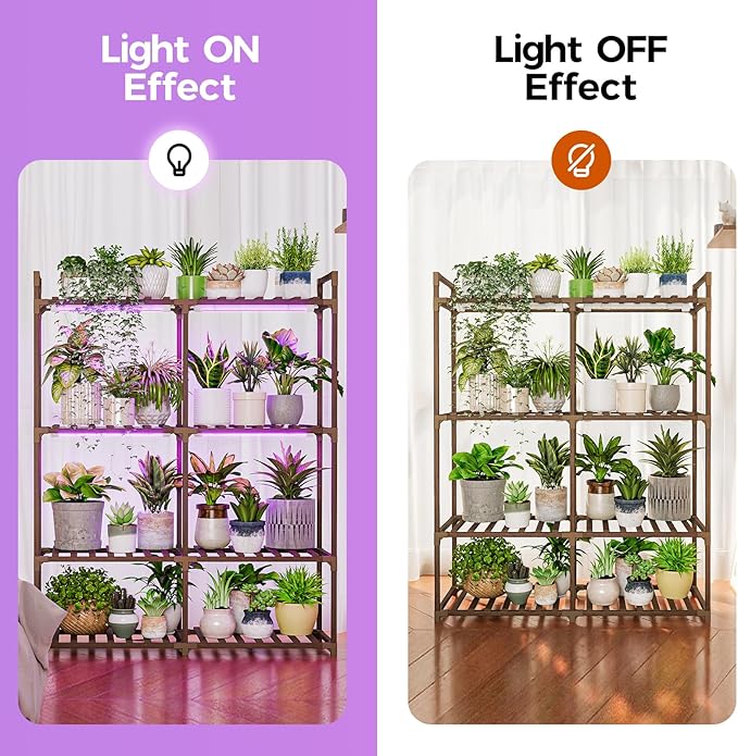 Bamworld Plant Stand with Grow Lights for Indoor Plants Wood Plant Shelf 4 Tier Large Flower Stand for Mutiple Plant Holder Rack for Patio Living Room BalconyDecor Purple Light