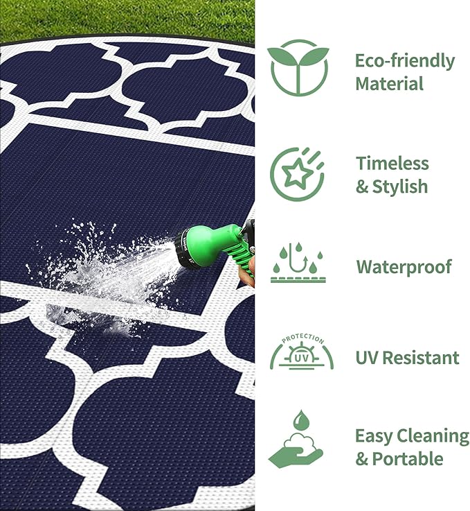 GENIMO 10 ' Round Outdoor Rug for Patio, Waterproof Indoor Outdoor Plastic Straw Rugs Carpet, Reversible Outside Area Mat for Camping, Balcony Porch, Deck, Picnic, Blue White