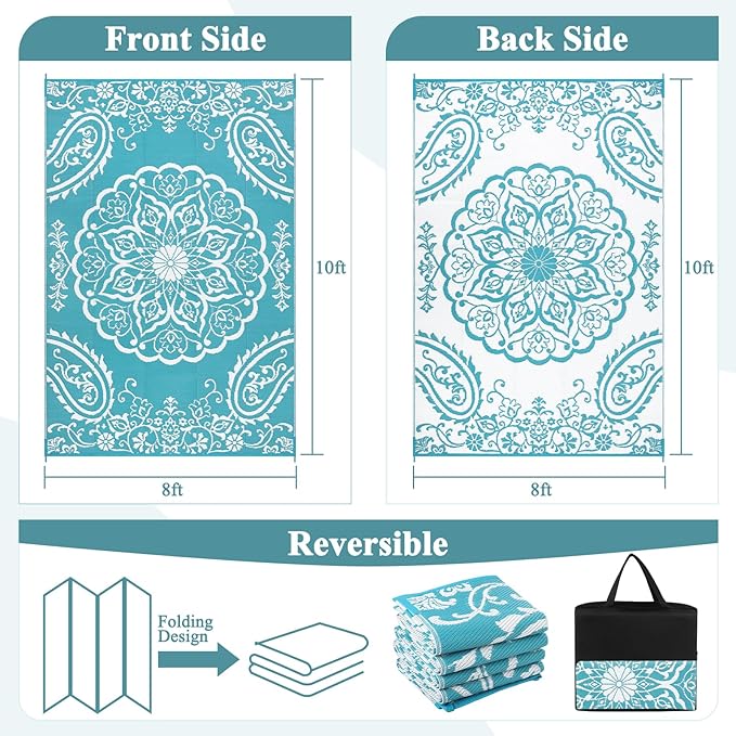 Pauwer Waterproof Outdoor Rug 8x10, Reversible Plastic Straw Patio Camping Rug, Indoor Outdoor RV Mat Carpet for Deck, Camper, Porch, Balcony, Backyard, Picnic, Boho Teal