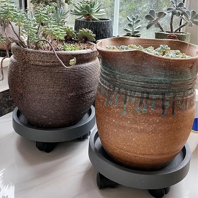 WanderingDonkey 2 Pack of 9.8 Inch Heavy Duty Plant Caddy with Wheels,Rolling Plant Stand Pot Trolley, Potted Flower Mover Dolly with Casters Round Coaster for Indoor Outdoor, Brown