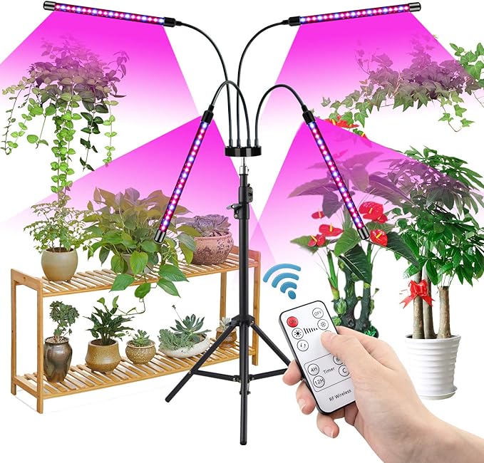 Plant Grow Light with Stand, 4 Heads Red Blue Spectrum Grow Lamps with 15-63" Adjustable Tripod Stand, 4/8/12H Timer, 3 Switch Modes, Indoor Plant Light with Remote Control