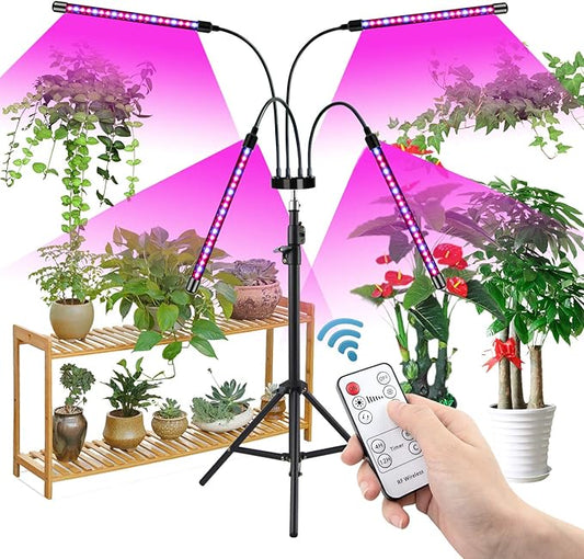 Plant Grow Light with Stand, 4 Heads Red Blue Spectrum Grow Lamps with 15-63" Adjustable Tripod Stand, 4/8/12H Timer, 3 Switch Modes, Indoor Plant Light with Remote Control