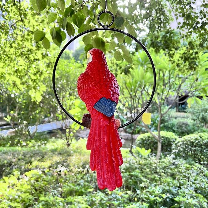 Lifelike Parrot Garden Statues Hanging Decor Ornaments Figurines Sculpture for Patio Lawn Yard, Blue Tail (Red Tail)