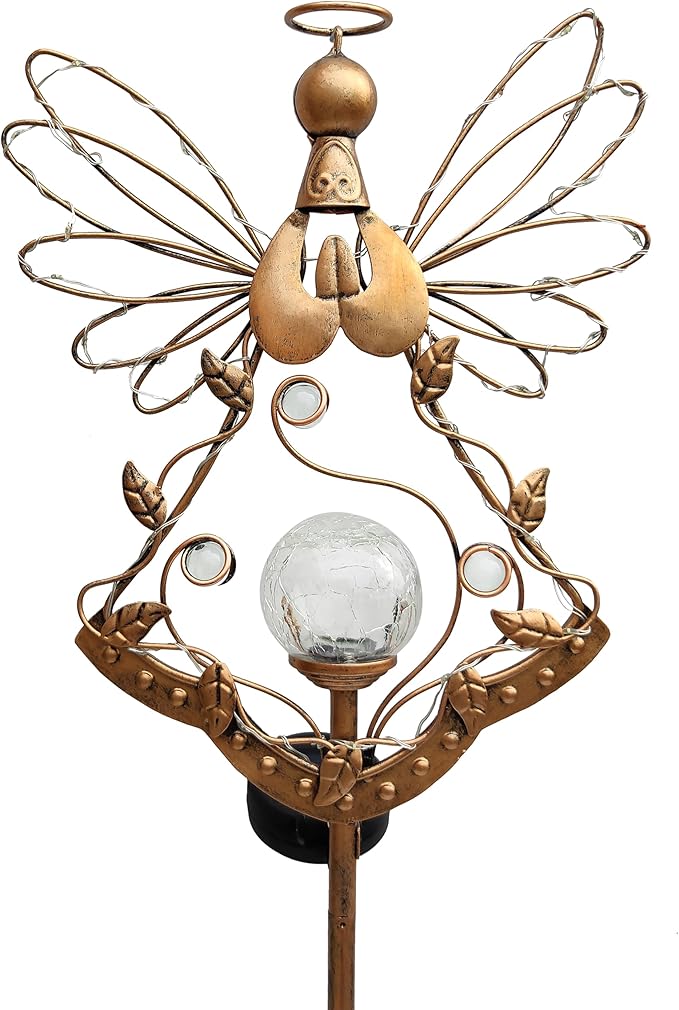 Solar Angel Outdoor Lights Garden Stake - Metal Angel Crackle Glass Ball Solar Light- Waterproof 31 White LED for Garden Lawn Patio or Courtyard Decor（Bronze）