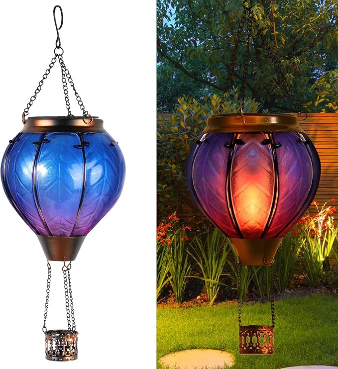 Hot Air Balloon Solar Lantern with Flickering Flame Hanging Solar Lights Outdoor Waterproof Lanterns for Garden Patio Yard Party Decoration Blue&Pink