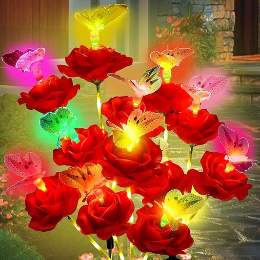 Solar Butterfly Rose Garden Lights Outdoor Waterproof Decorative Flower Garden Decor Yard Patio Lawn Outdoor, Gifts for Mother's Day3 Pack Gifts for Women (Butterfly Rose)