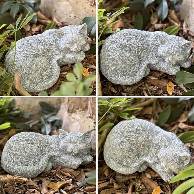 Cat Garden Statue Decoration, Memorial Stone Peaceful Sleeping Figurine for Patio Lawn Porch, 11.5" Cat Memorial Statue Grave Markers and Loss Pet Sympathy Gift