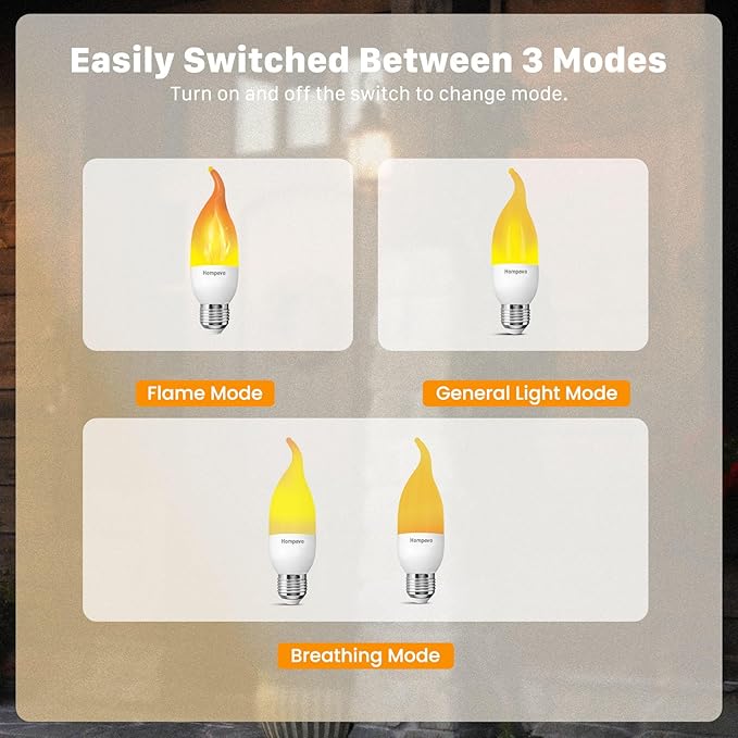 Hompavo Upgraded LED Flame Light Bulbs, 3 Modes Flickering Light Bulbs, E26 Chandelier Base Candle Fire Light Bulb for Halloween Christmas Party Porch Indoor & Outdoor Home Decoration - 2 Pack