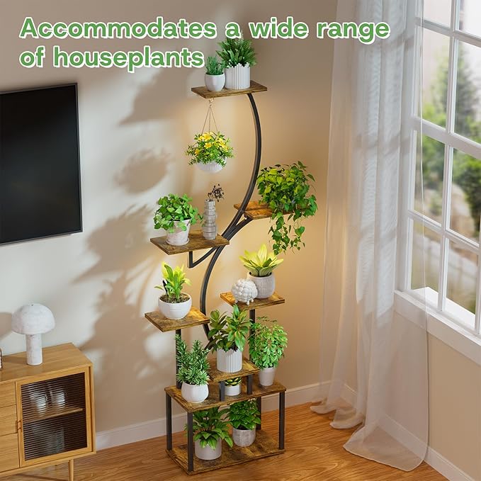 Simple Trending Plant Stand Indoor with Grow Lights, Heavy Duty 8 Tier Tall Plant Shelf for Plants Multiple, Metal Wood Plant Shelves Plant Display Holder for Garden, Black
