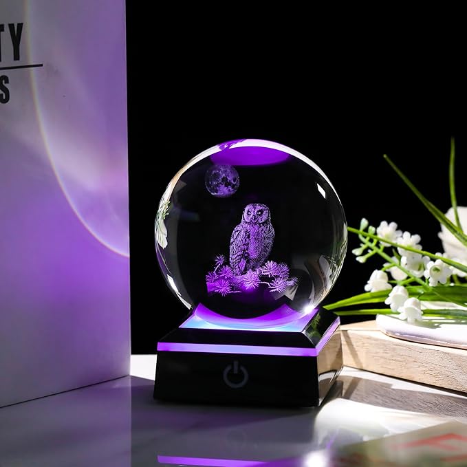 Qianwei Owl Gifts for Women 3D Crystal Ball 3.14'' - Laser Owl Decor Glass Animals Bird Figurines Statue Stuff for Room Decorations Bird Night Light