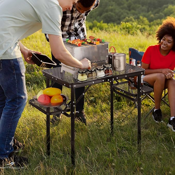 RedSwing Folding Grill Table with Extra Space, Adjustable Height Portable Small Stand Table for Outdoor Indoor Camping Picnic BBQ, Black with Side Table