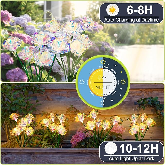 Solar Garden Lights Outdoor, 4 Pack 24-Head Artificial Flowers Solar Lights, IP65 Waterproof Garden Decoration for Yard Patio Path Cemetery Grave, Gifts for Mom Women Bithday Mother's Day-Auto ON/Off