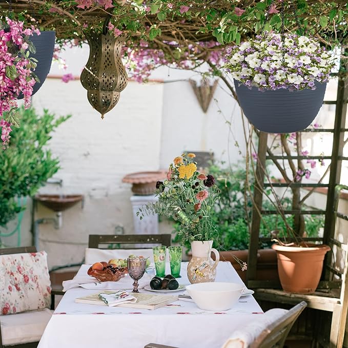 summer flower 2 Pack 9.9 Inch Self Watering Hanging, Deep Planters Hanging Pots for Indoor Outdoor Plants Hanging Baskets Hanging Plant Holder Plant Hanger for Flower Garden Porch Ceiling (Dark Gray)