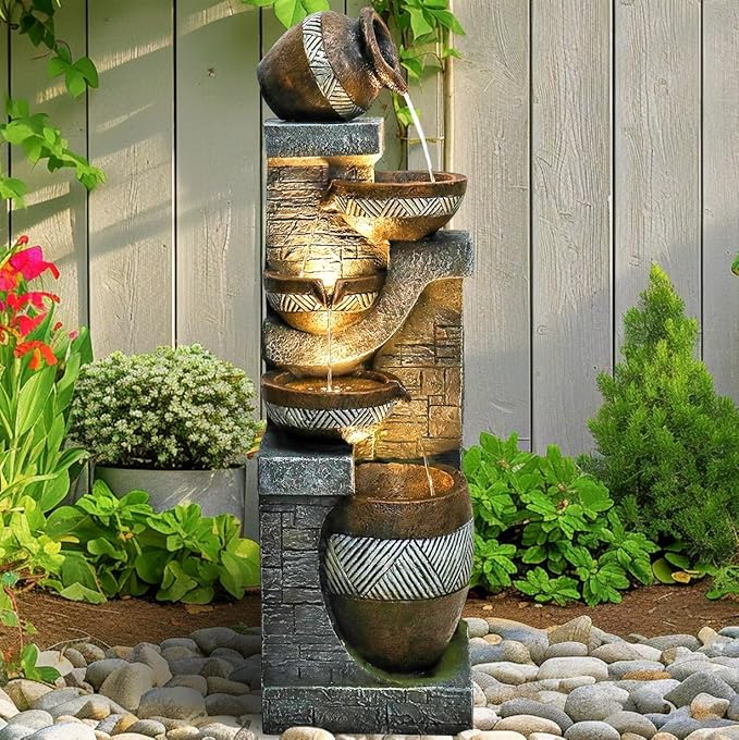 SunJet 5-Tiers Indoor/Outdoor Garden Water Fountain - 42.5inches Modern Floor-Standing Cascading Water Feature - Suitable for Deck, Patio, Porch, Yard Decor