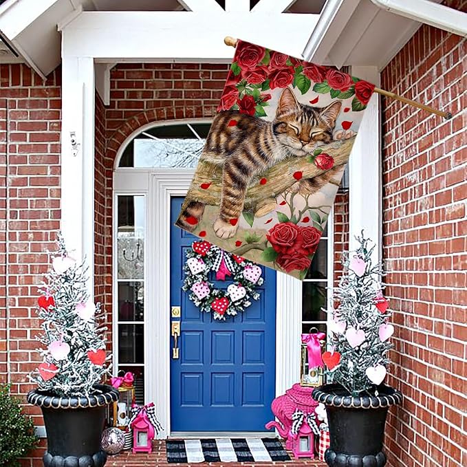 BLKWHT Valentines Cat House Flag 28 x 40 Vertical Double Sided Red Roses Spring Farmhouse Holiday Outside Decorations Burlap Yard Flag BW757-40