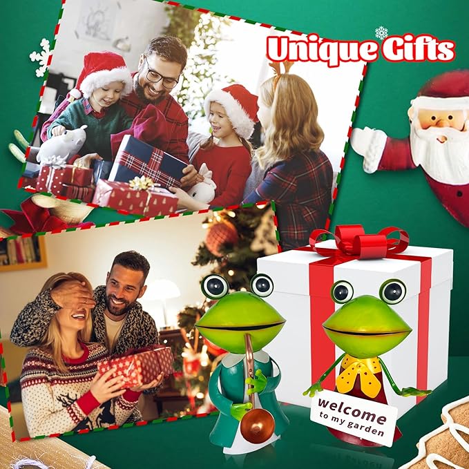 HONGLAND Metal Frog Garden Decor - Metal Frog Outdoor Statue -Outdoor Garden Decorations - 3D Frog Figurines - Christmas Holiday Lawn Patio Yard Fairy Garden Decor (with Welcome)