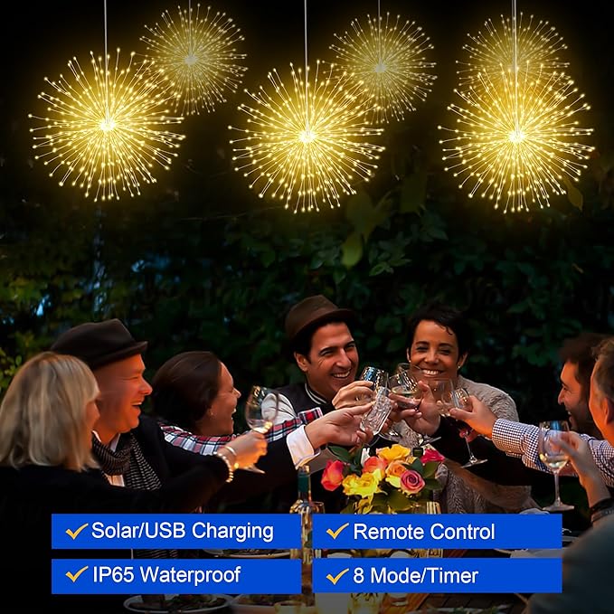 Solar Firework Lights Outdoor, 600 LED Starburst Light Outdoor with USB Rechargerable, 8 Modes Waterproof Solar Hanging Lights for Gazebo Yard Party Wedding Decorations (Warm White, 600 LED)